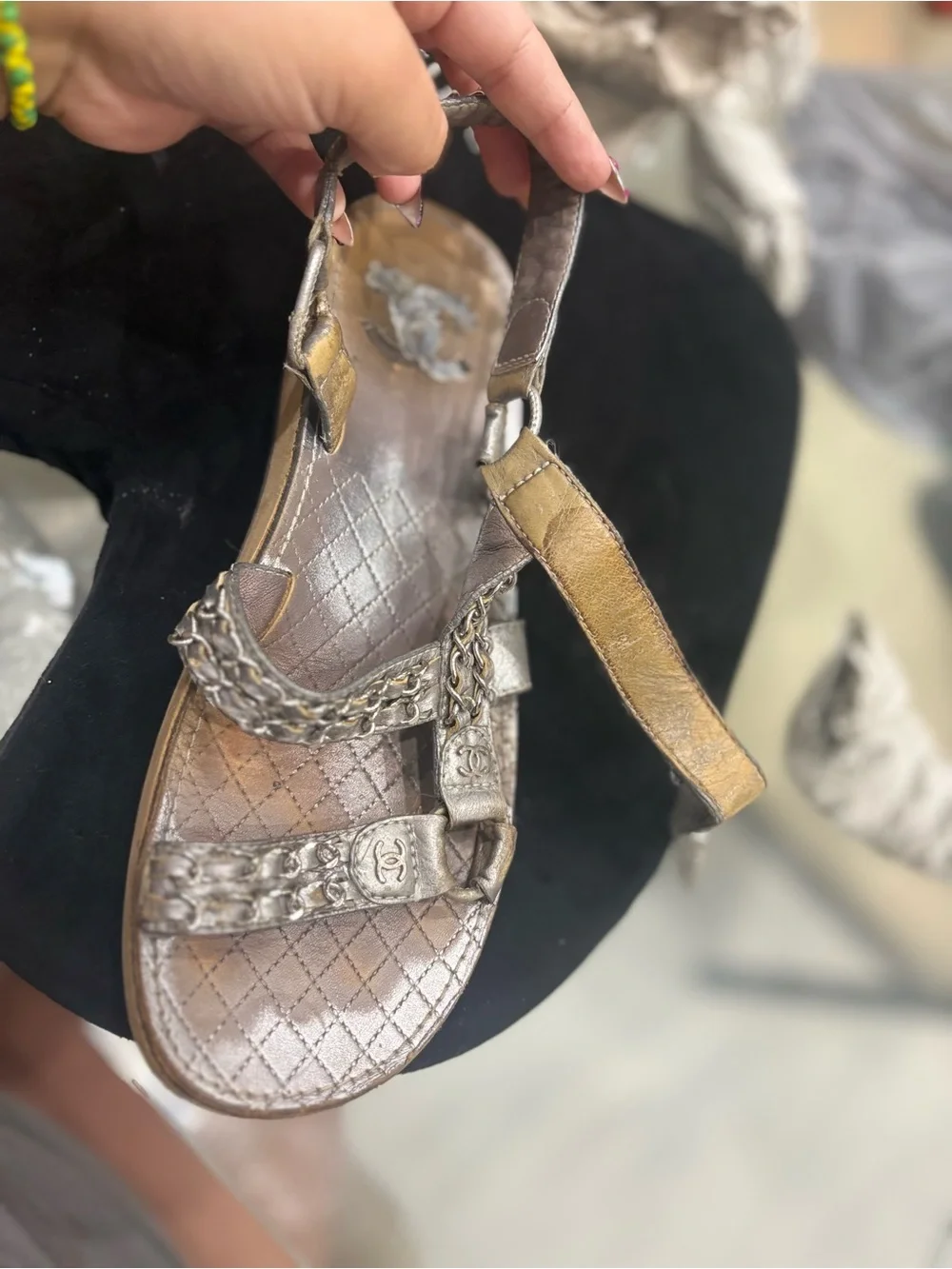 CHANEL Metallic Silver Braided Chain Leather Sandals